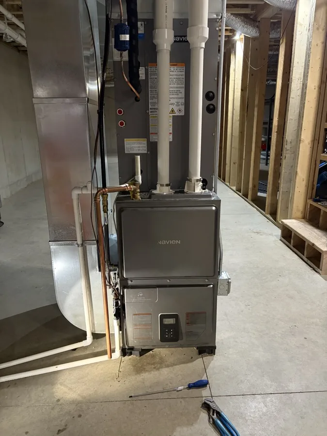 HVAC equipment and piping in a mechanical room